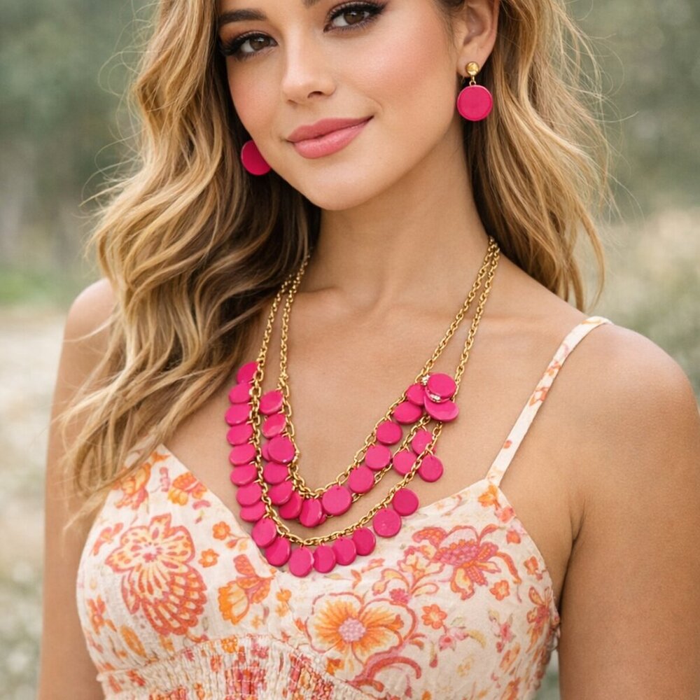 Mixit Gold & Pink Acrylic Bead Necklace Double Layer with Earring Set